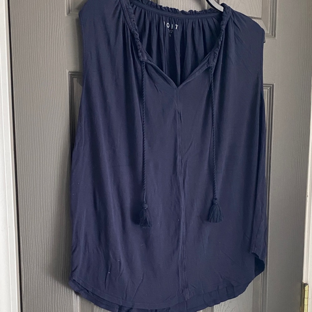 LOFT Dark Blue Sleeveless Blouse with Tassels